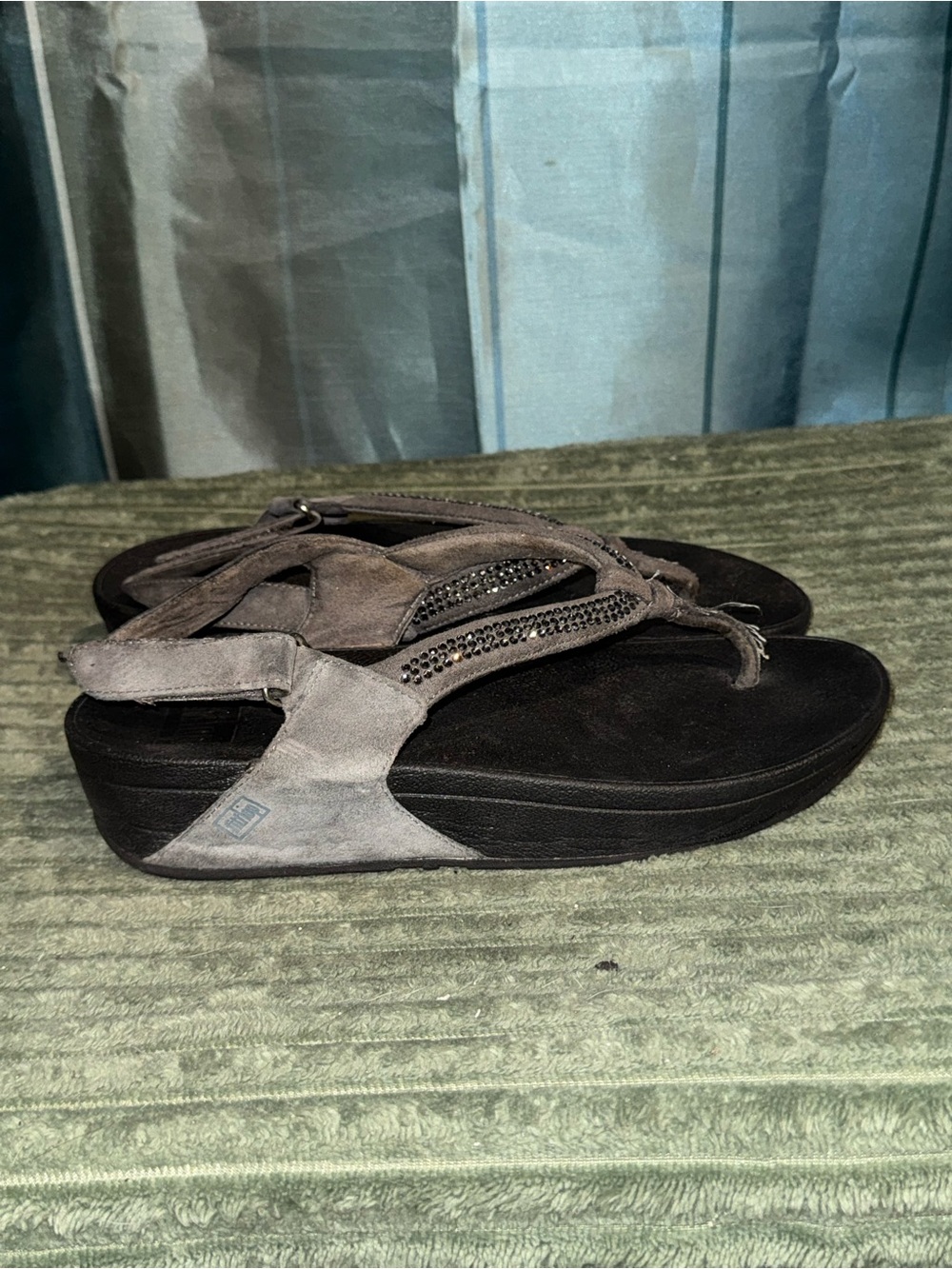 Fitflop Gray Suede Thong Sandals with Crystal Accent